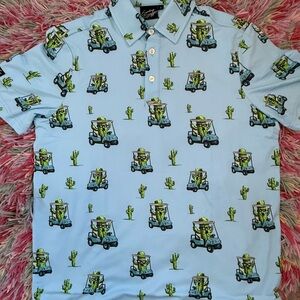 SUNDAY SWAGGER Men’s Sporty Golf Shirt w Fun Cactus in Golfcart print Size S NWT